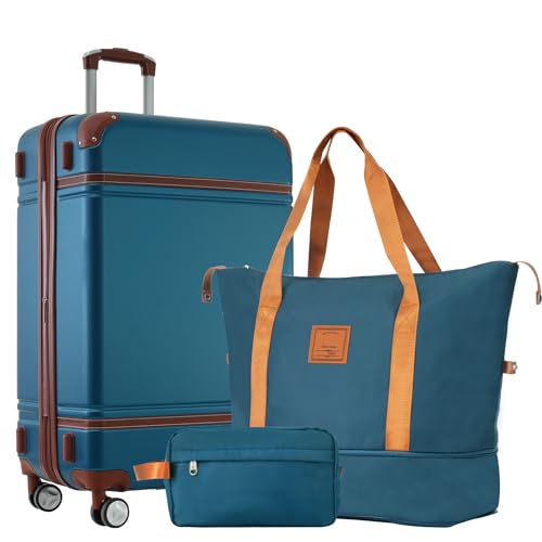 Hardshell Luggage Sets with Bags Lightweight Suitcase Double Spinner Wheels with TSA Lock,Single Vintage Luggage 24 IN (Blue + ABS)
