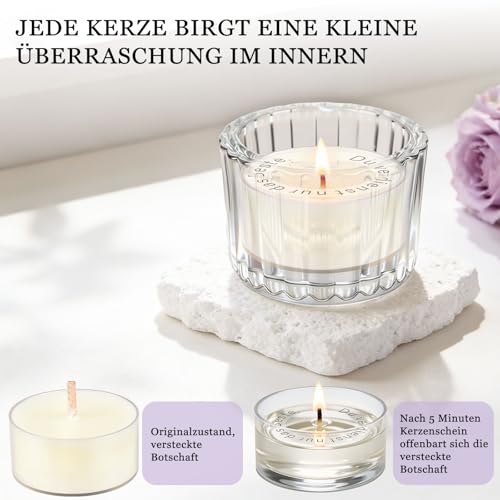 TUZELIYA Geburtstagsgeschenk für Frauen Lila 12 Stück Duftkerzen Geschenkset mit Geburtstagskarte - Verborgene Botschaft erscheint beim Abbrennen - Überraschung & Entspannung Geschenke für Freundin