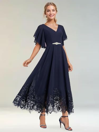 ISABUFEI Mother of The Bride Dresses – Tea Length Flutter Sleeves V Neck Lace Applique Chiffon Dress2