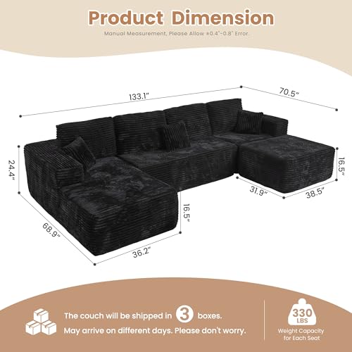 Image of HOOOWOOO Cloud Sectional Couches for Living Room,Modular Sectional Sofa No Assembly,133X70 Inch Plush Corduroy Large U Shaped Floor Couch Set with Deep Seat Chaise Ottoman(Black)