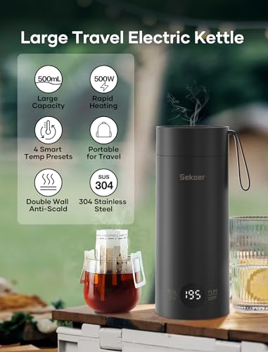 Sekaer Small Travel Portable Electric Kettle, Mini Tea Kettle Hot Water Boiler, 0.5L & 500Watts, with 4 Variable Presets and 304 Stainless Steel, SKE-850B - Image 3