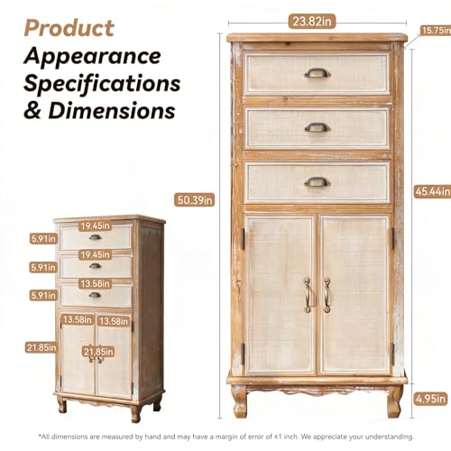 Image of Rustic Tall Storage Cabinet - Distressed Solid Wood Frame Accent Cabinet with 3 Drawers & 2 Doors, Farmhouse Freestanding Floor Cabinet for Entryway, Living Room, Hallway