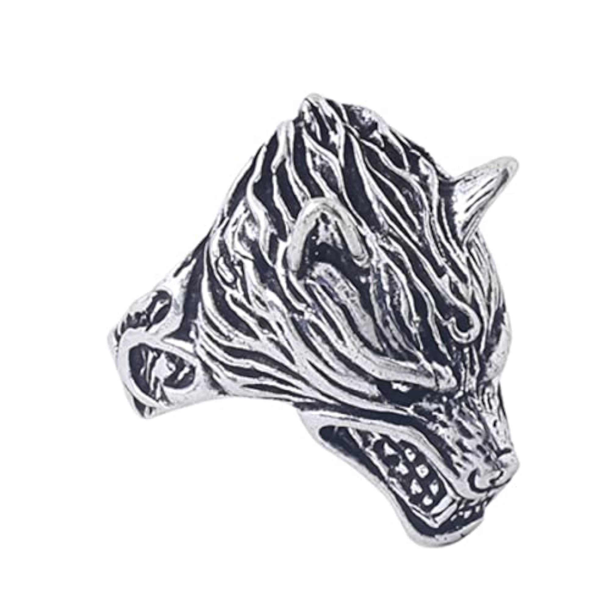 Rhodium Plated Wolf Design Finger Ring for Men