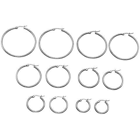 AllerPierce 6 Pairs Stainless Steel Silver Hoop Earrings Set Hypoallergenic Hoops Women's Earrings Huggie Loop Earring 20-50MM Cover