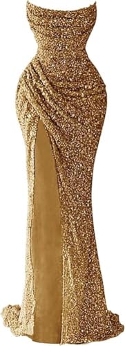 Sparkly Sequin Prom Dress Strapless Glitter Prom Dresses Long Foraml Party Evening Gowns with Slit
