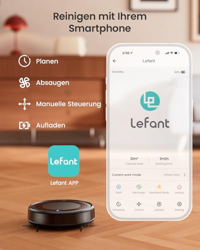 LEFANT M310 Staubsauger Roboter, 4500 Pa Saugkraft, 180 Minuten,Vermeiden von Hindernissen,Aufsaugen von Tierhaaren,Automatisches Andocken,Intelligente Navigation,WLAN 2.4G, App und Alexa,Schwarz