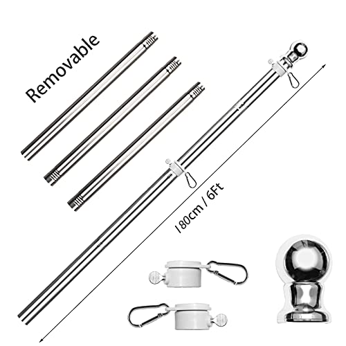 HOOSUN 6 FT Flag Pole Sectional Kit with Rotating Rings and Flag Pole Clips,Stainless Steel Adjustable Pole for Commercial or Residential,Silver Ball Top,Easy to Assemble and Storage