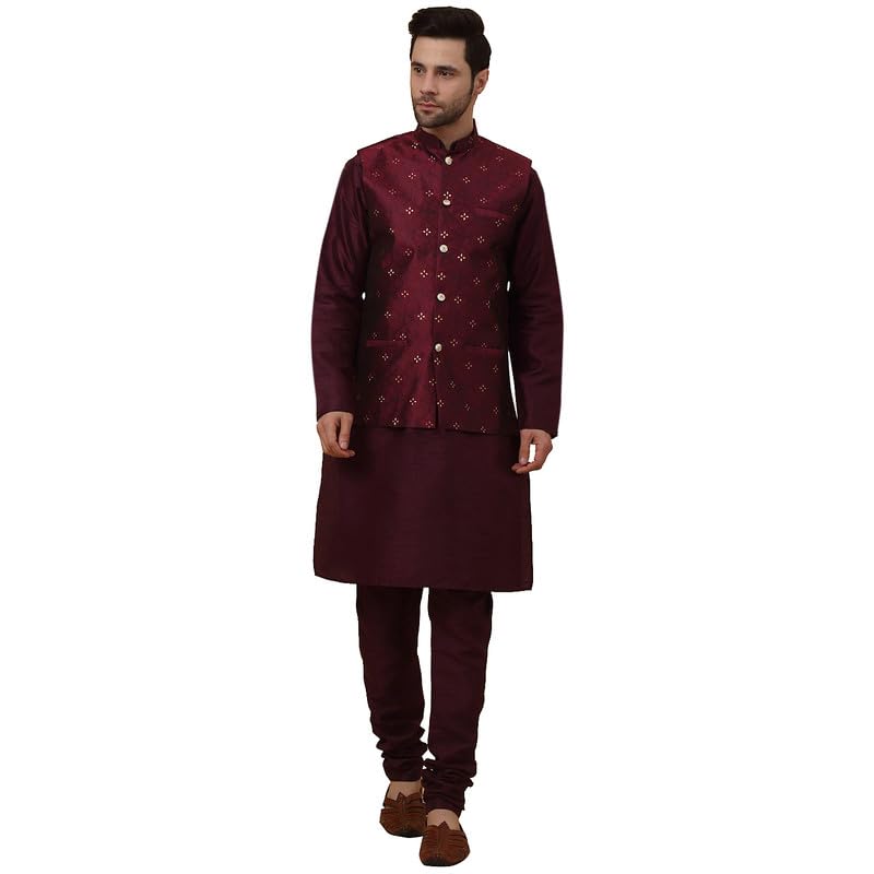 kraft india Men's Silk Blend Purple Kurta, Churidar With Jacquard Silk Blend Floral Maroon Nehru Jacket set-picture-23