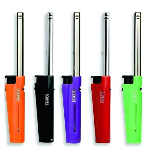 ANGIX 5 x Clipper Tube Lighters Multipack Long Refillable Gas Lighters for Kitchen, BBQ & Camping, Safety Lock, Adjustable Flame, Fuel Window - Perfect for Grills, Stoves, Candles (Random Color Sent)