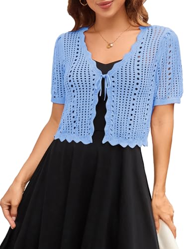 Image of Kate Kasin Women Crochet Shrug Knit Sweater, Short Sleeve Cropped Cardigan | Tie Front Tops Light Weight, Knit Cover Up Arm Bolero For Evening Dresses Dressy Casual, Ladies Eyelet Shawl Thin Formal