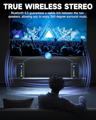 Bluetooth Speakers Wireless Loud Stereo Sound IPX7 Waterproof Outdoor Portable 25W Super Bass Speaker for Home Party Beach with 24H Playtime Colorful Lights BT5.3 TWS Pairing Birthday Gift Black - Thumbnail 6