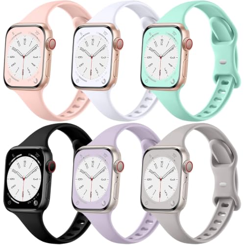 Image of Lerobo 6 Pack Silicone Slim Bands Compatible for Apple Watch Band for Women 40mm 42mm 41mm 38mm, Brethable Sport Slim Strap Thin Replacement Wristband for iWatch Series 11 /10 /9 /8 /7 /6 /5 /4 /SE /3 /2 /1