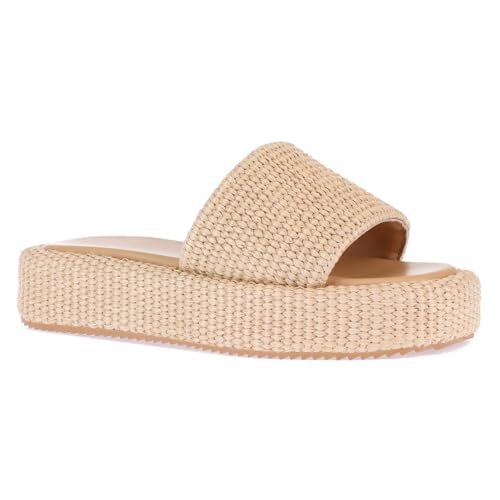 Image of Monrovia Platform Sandals Women Raffia Espadrille Slides, Woven Straw Flatform Beach Sandals Women, Slip On Summer Vacation Shoes, Comfortable Casual Daily Wear