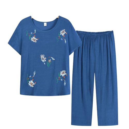 Image of FindThy Women's 2 Piece Linen Outfits Short Sleeve Floral Print Lounge Sets Crewneck Summer Suits