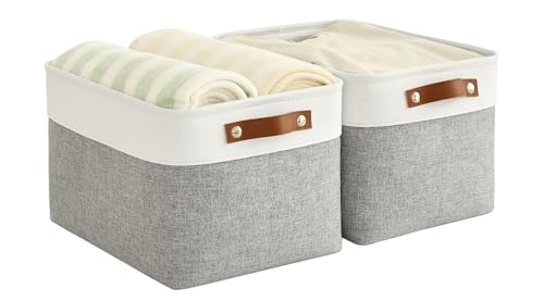 Bagnizer Foldable Storage Baskets for Shelves Closet 2PCS Fabric Small Organizer Box Bins with Handles Waterproof Canvas Box for Clothes, Pet Toys, Office Products 30x20x15CM Grey & White