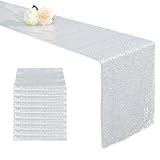 10 Pack 12 x 72 Inch Silver Sequin Table Runner, Sparkly Glitter Table Runners for Wedding, Birthday, Bachelorette, Baby Shower, Holiday Party Decorations Supplies