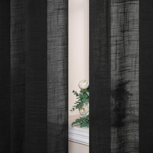 Cortinas de lino translucido 140x215cm negro de visillo Miulee para salon y dormitorio paquete de 2 7