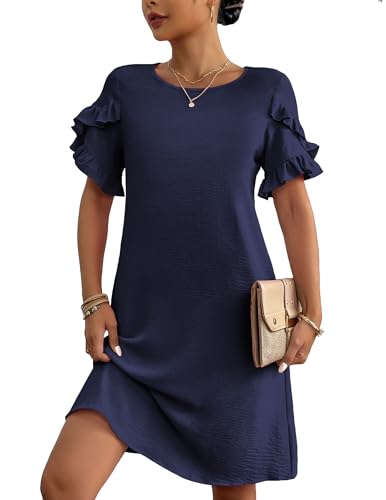 Image of HOTOUCH Womens Summer Dress 2025 Short Sleeve A-Line Mini Dress Casual Crew Neck Shift Dress Beach Sundress with Pockets