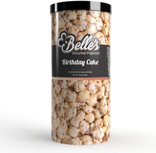 Belle’s Gourmet Popcorn Gift Canister - Birthday Cake Popcorn Tub from USA Grown Non GMO popcorn kernels for Premium Flavored Popcorn Gourmet, Perfectly Popped Popcorn Snacks, Movie Night Popcorn 15 oz