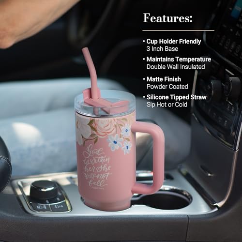 Image of Christian Art Gifts XL Stainless Steel Double-Wall Insulated Womens Travel Mug Tumbler Thermos: God is Within Her Inspirational Scripture, Reusable Straw, Twist-Dial Lid, Pink Multicolor Floral, 40 oz