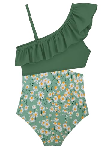 Image of Alakuoti Girls One Piece Swimsuits Cutout Ruffle Bathing Suit Quick Dry Beach Swimwear with Adjustable Strap 5-14 Years