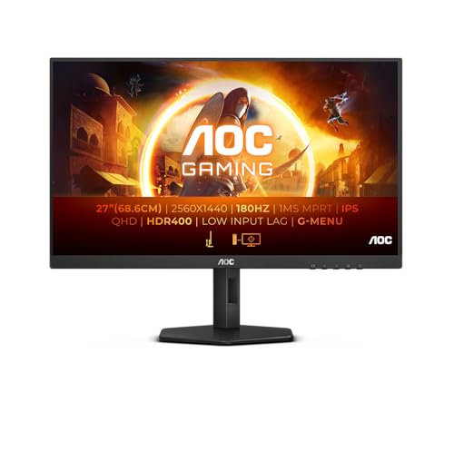 AOC Gaming Q27G4X- Monitor QHD de 27 Pulgadas, 180 Hz, IPS, GtG de 1 ms, FreeSync, Compatible con Gsync, Altavoces, HDR4000, Modos de Juego, Altura Ajustable (1920 x 1080 HDMI 2.0 / DisplayPort 1.4)