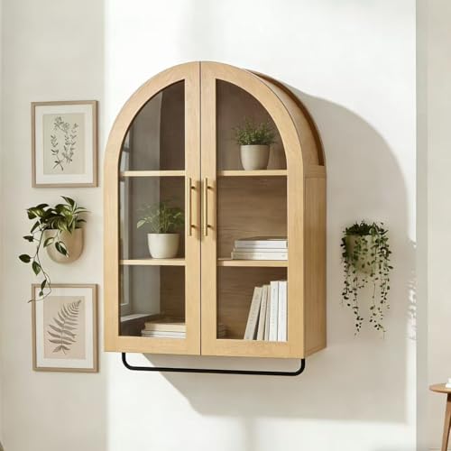 Seang Bathroom Arched Wall Cabinet 23.6 Modern Medicine Cabinet with Towel Bar and Adjustable Shelf Over The Toilet Wall Storage Cabinet for Laundry Room Living Room Kitchen Natural