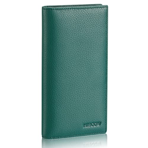 Image of HISCOW Bifold Long Wallet with 15 Credit Card Slots - Italian Calfskin, Pebbled Green, 6.97 inchH x 3.5 inchW x 0.98 inchD, Italian Style