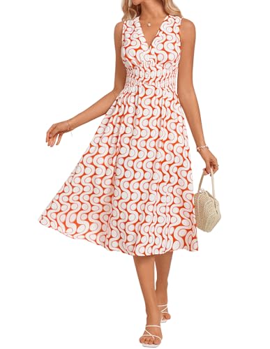 GRACE KARIN Bedrucktes Damenkleid Elegantes Faltenkleid mit Hoher Taille Lässiges Party Reise-Sommerkleid mit Taschen Orangeroter geschwungener Kreis S