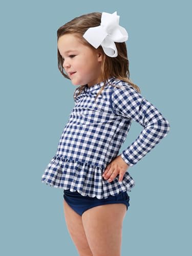 Image of RuffleButts Baby /Toddler Girls Scalloped Long Sleeve Rash Guard 2-Piece UPF50+ Sun Protected Swimsuit