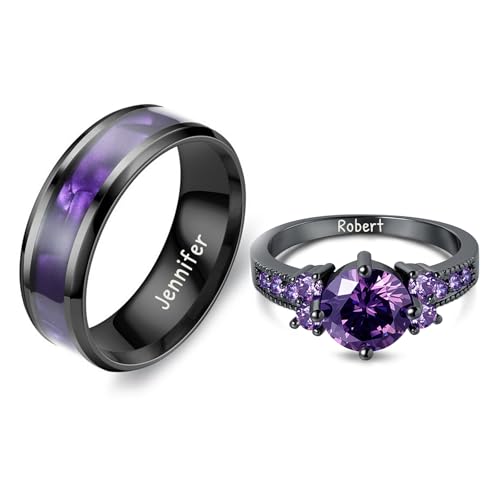 Custom Engraved Couple Rings Set Promise Rings for Him and Her Purple Matching Wedding Rings for Couples Black and Blue Titanium Rings for Men Wedding Band CZ Engagement Ring for Women,Size 5-13 (Black+Purple)