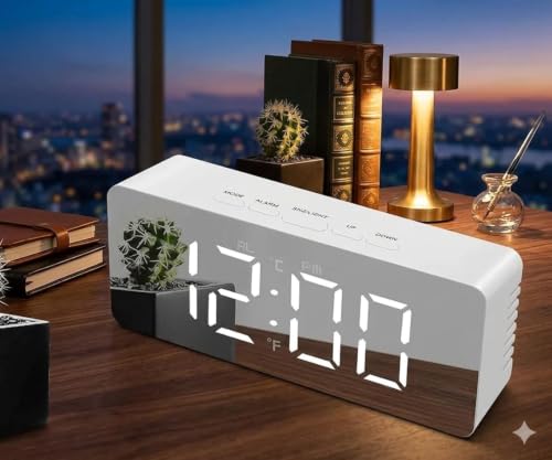 Image of Digital Alarm Clock, LED Mirror Display, Pink, Snooze Function, Adjustable Brightness, USB or Battery Operated, Night Mode
