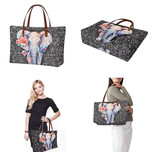 Image of Elephant Handbag for Women, Large Tote Bag Top Handle Purse with Matching Wallet, Light Hobo Bag Shoulder Satchel Purse with Cosmetic Wallet for Working, Shopping, Black
