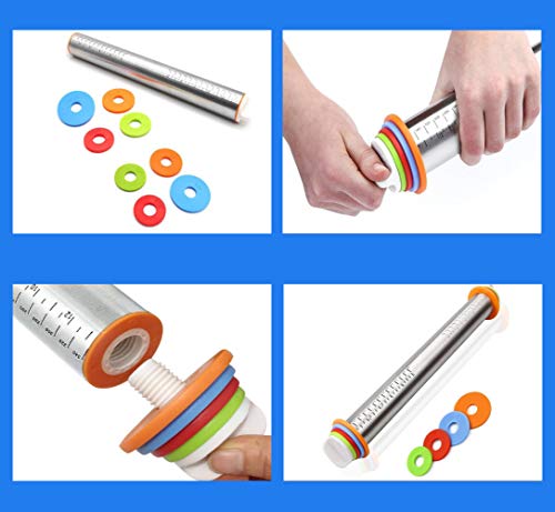 Rolling Pin, Katkitchen Adjustable Stainless Steel Rolling Pins Dough Roller Stick with 4 Thickness Rings for Baking Pizza Pie Cookie Pastry Non Stick