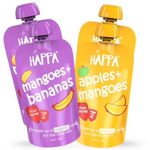 Image of Happa Organic Baby Food Apple & Mango + Mango & Banana Puree Combo | 100% Fruits | No Added Sugar | No Milk Powder | No Preservatives | Stage 2 (6M+) | Ready to Eat | Allergen-Free | 4 x 100g