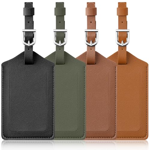 Leezmark 4 Pack Leather Luggage Tags Luggage Identifiers Travel Tag for Suitcase Travel Accessories Essential Bag Tags with Name Card Holder (Black Green Brown Khaki)