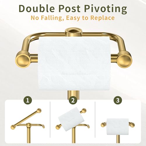 Image of Toilet Paper Holder Stand, Modern Bathroom Free Standing Toilet Paper Roll Holder, Post Pivoting Toilet Paper Stand with Stainless Steel Tissue Rack, Rust-Proof & Heavy Stable Base(Brushed Gold)
