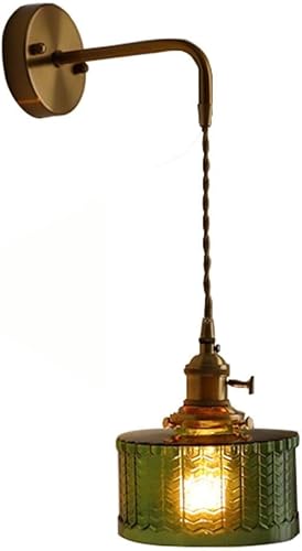 Vintage Green Glass Wall Sconce with Adjustable Chain and Switch Modern Living Room Lighting Fixture E26E27 Base(17.5 * 18cm)