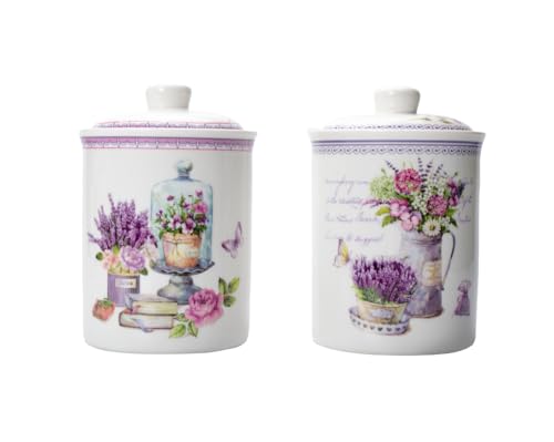 Ceramic Canisters Set with Ceramic Lid, Storage Jar for Kitchen Countertop Serving Coffee, Tea, Sugar, Spices, Salt, Flour, Dog Treats (26.5oz, Set of 2, Purple Lavender Pattern)