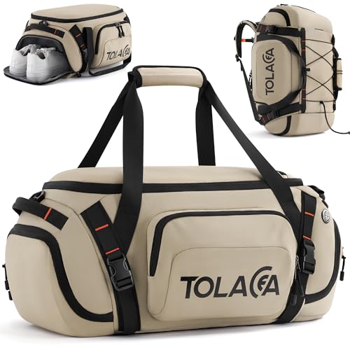 Tolaccea Gym Bag for Men & Women, 40L Duffle Bag Backpack for Travel Sports with Shoe Compartment, Wet Pocket & Extra Laptop Bag for 15.6'', 3-in-1 Sport Workout Duffel Carry On for Airplane (Khaki)