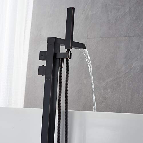 Wowkk Thermostatic Freestanding Bathtub Faucet Waterfall Tub Filler Oil Rubbed Bronze Floor Mount Brass Bathroom Faucets With Hand Shower #TOP4