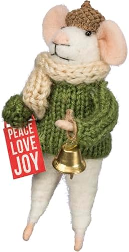 Primitives by Kathy Collectible Critter, Christmas-Themed Felt Critter/Peace Love Joy Sentiment Wearing Sweater/hat/Scarf/Bell Accent. Coordinate with Our Other Collectible Critters/Seasonal Display image 2