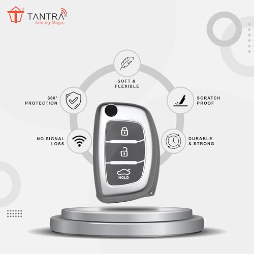 Image of SIAGO TPU Key Cover and Round Keychain Compatible for Hyundai i 20, Xcent,Verna Flude 3 Button Flip Smart Key Cover Grey