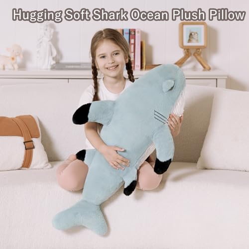 Image of Tezituor 32 inch Great White Shark Stuffed Animals, 2.6ft Large Stuffed Shark Plush Body Pillow for Girls Boys, Realistic Ocean Plushies Toy Birthday Party Gift for Adults