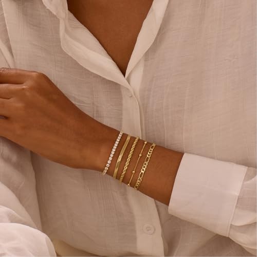Gold Bracelets for Women, Dainty 14K Gold Plated Bracelet Stack for Women Trendy CZ Tennis Paperclip Cuban Chain Stackable Adjustable Waterproof Link Bracelet Jewelry Set Fashion Accessories Gifts3
