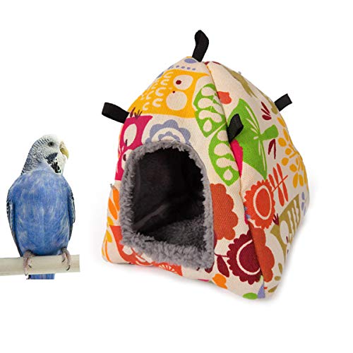 Bird Plush Hammock Parrot Hanging Snuggle Cave Happy Hut Tent for Parakeet Cockatiel Conure Lovebird Budgie Hamster Gerbil Rat Chinchilla Squirrel Cage (M Beige Pattern)