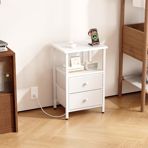 Image of Nightstand with Charging Station, Bedside End Table with 2 Fabric Drawers for Bedroom, Side Table with USB Ports and Outlets (White)
