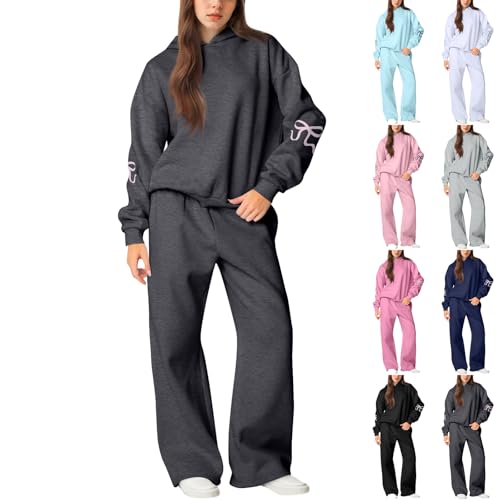 Sweatsuits Women 2 Piece Outfit Fleece Oversized Bow Hoodie Sweatshirt