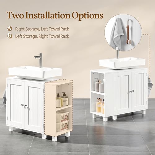 Yaheetech Under Sink Bathroom Cabinet, Bathroom Storage Cupboard Furniture with 2 Doors, Adjustable Shelves and Open Side Storage Unit White - Image 4