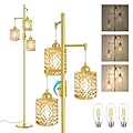 lumenfox Gold Floor Lamp for Living Room Bedroom, 3-Light Vintage Standing Lamp Stained Glass, Mid Century Modern Tall Floor Lights, Amber Glass Shade with Golden Base